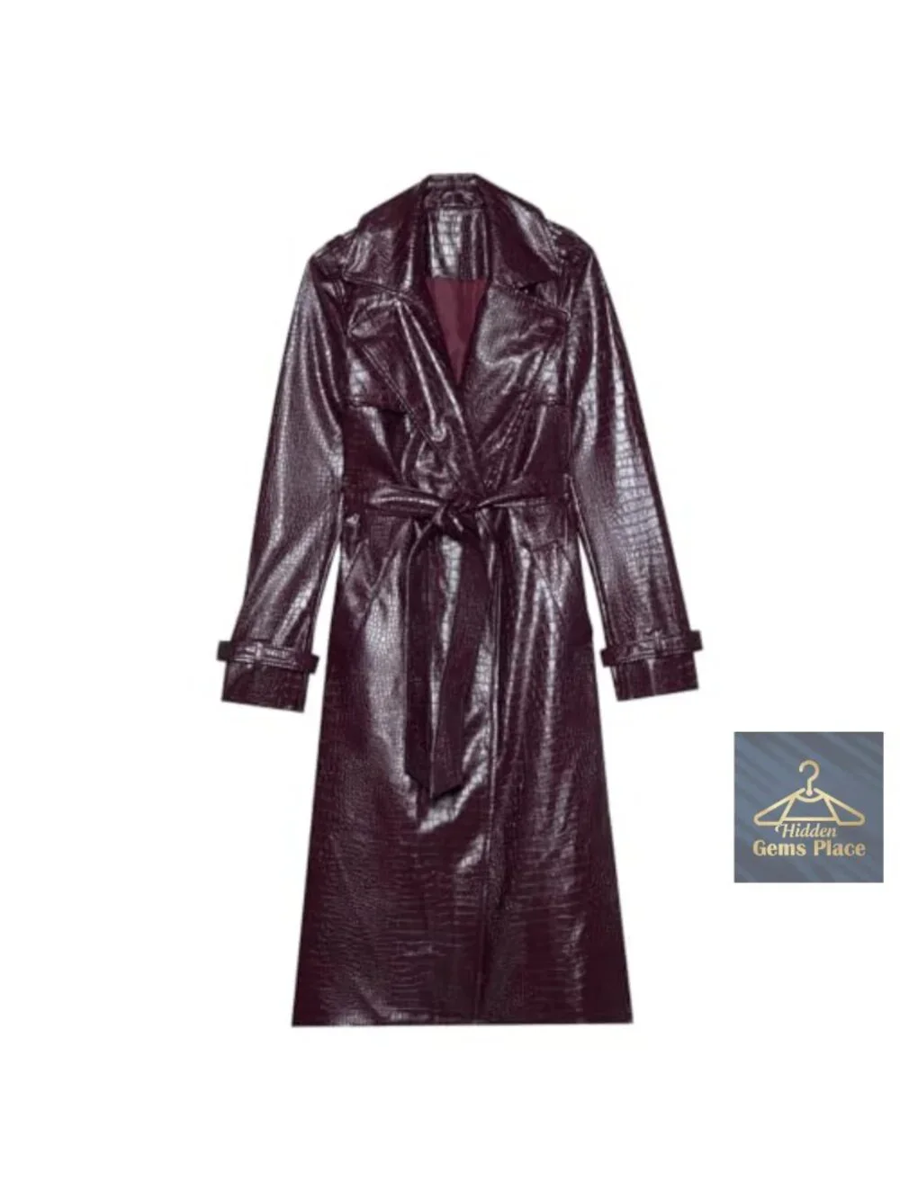 Womens Long Faux Leather Trench Coat with Belt
